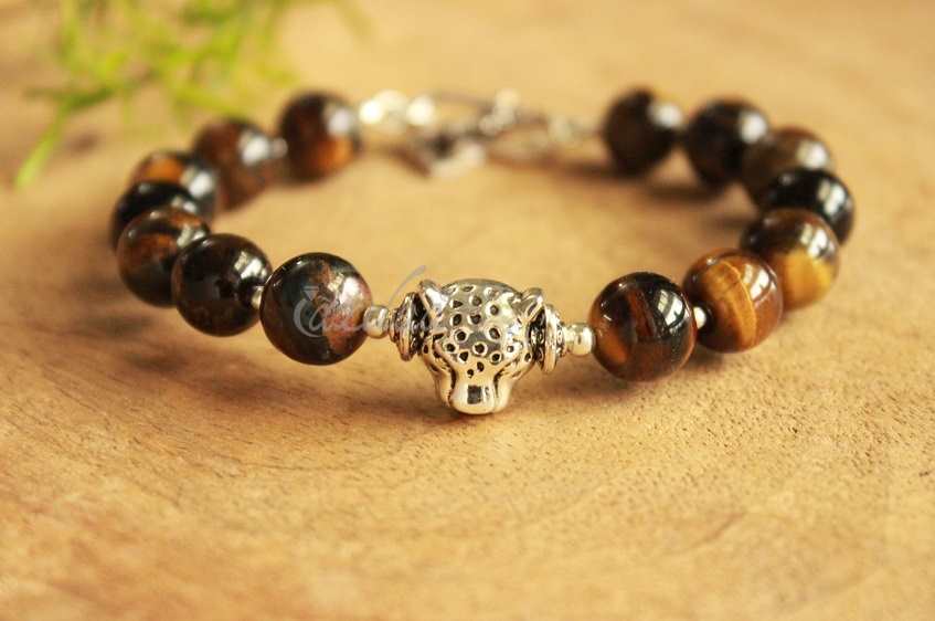 Panther charm Tiger Eye gemstone  men Bracelet