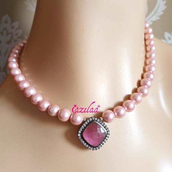 Pastel Pink pearl cz pendant choker necklace earrings
