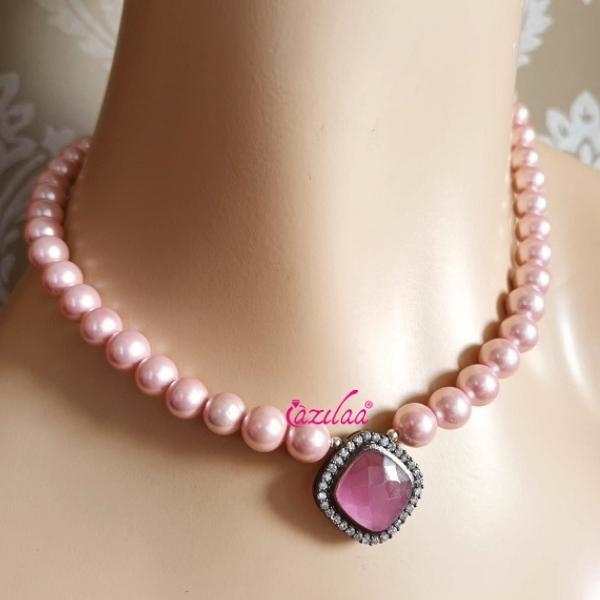 Pastel Pink pearl cz pendant choker necklace earrings
