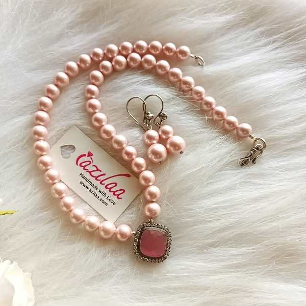 Pastel Pink pearl cz pendant choker necklace earrings