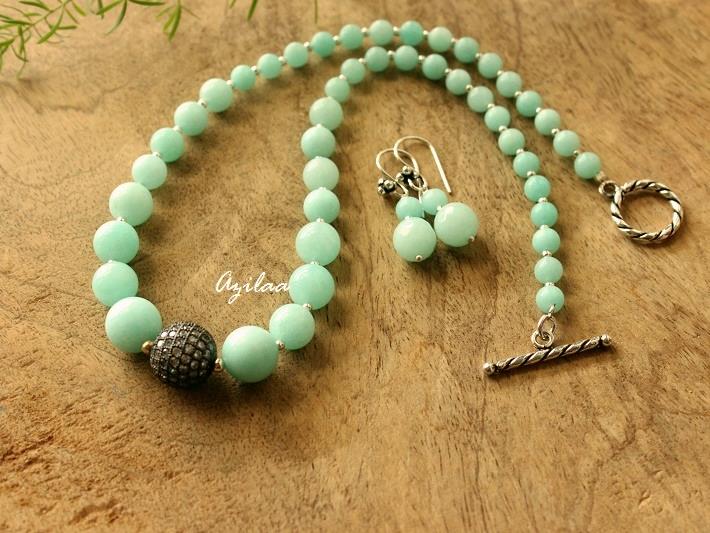 Pastel green necklace earring set, Designer jewelry set