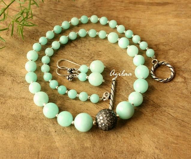 Pastel green necklace earring set, Designer jewelry set