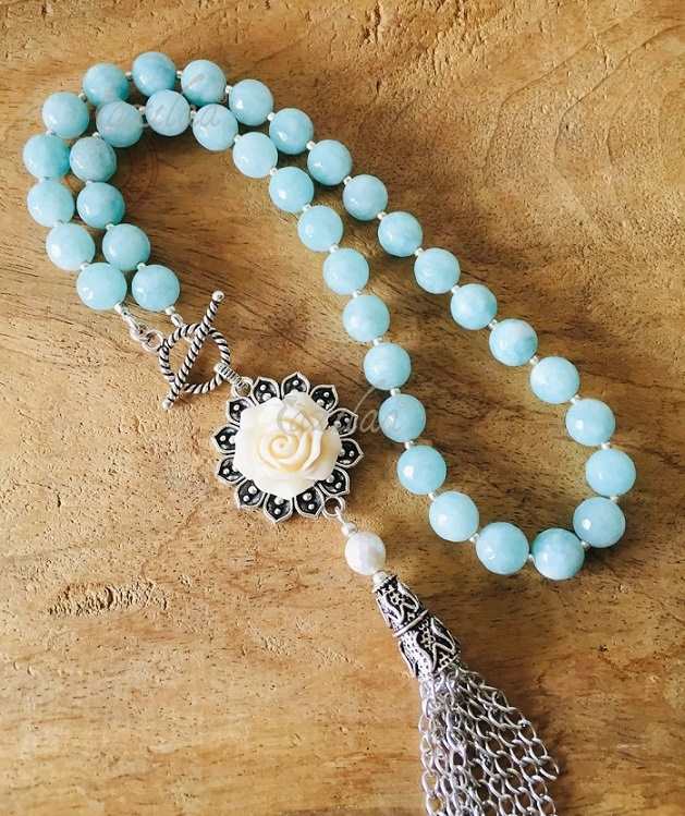 Pastel boho sea blue rose pendant tassel necklace set