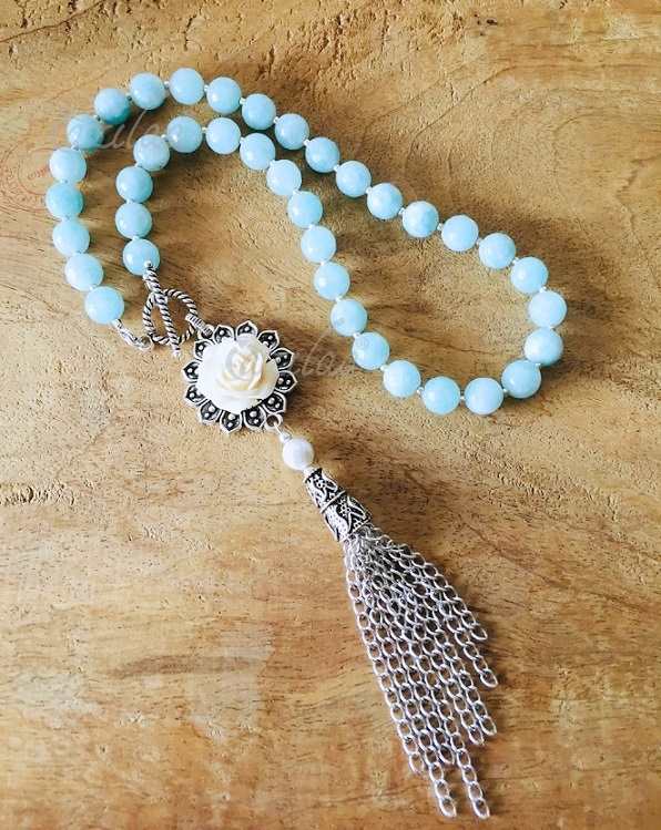 Pastel boho sea blue rose pendant tassel necklace set