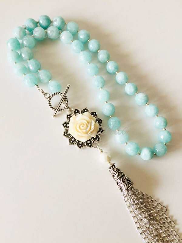 Pastel boho sea blue rose pendant tassel necklace set