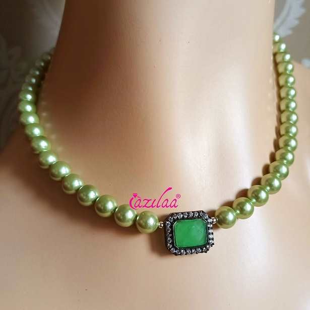 Pastel  green pearl cz pendant necklace earrings