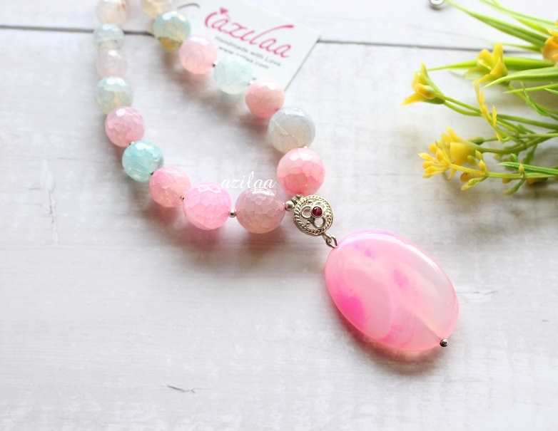 Pastel pink gemstone handmade silver necklace 