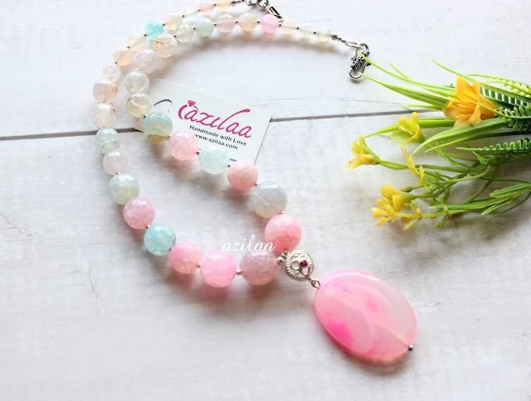 Pastel pink gemstone handmade silver necklace 