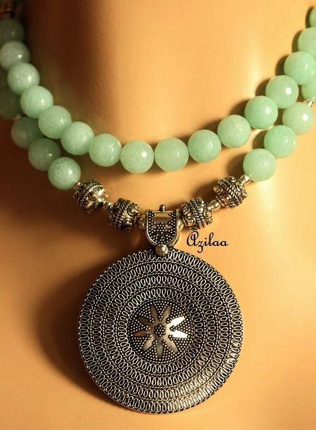 Pastel sea green gemstone handmade beaded pendant necklace set