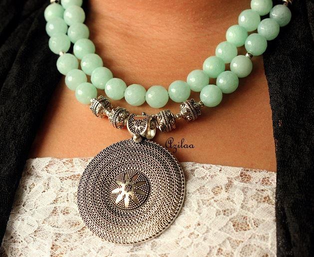 Pastel sea green gemstone handmade beaded pendant necklace set