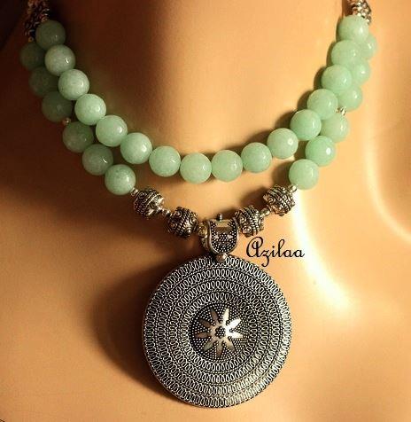 Pastel sea green gemstone handmade beaded pendant necklace set