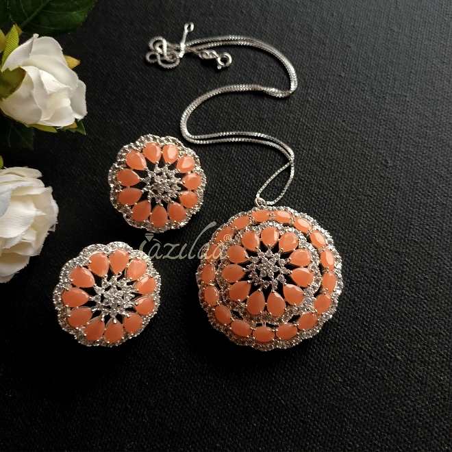 Peach CZ studded flower pendant silver necklace earrings set