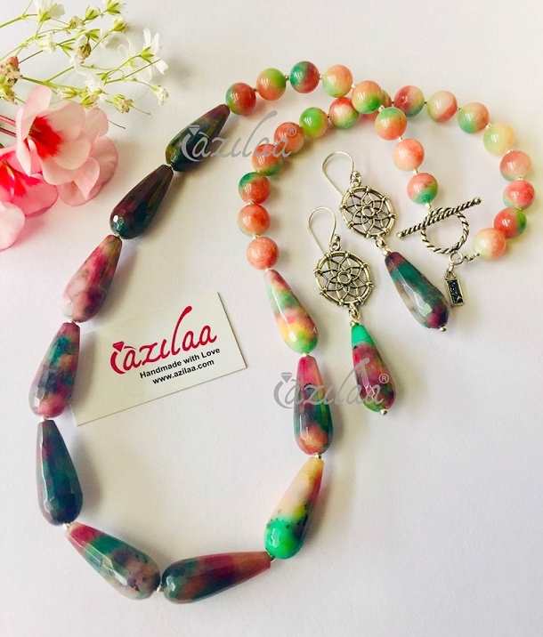 Peach green Gemstone beaded handmade necklace set