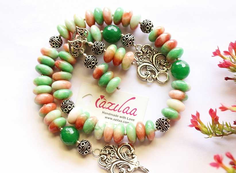 Peach green designer spring gemstone silver necklace set