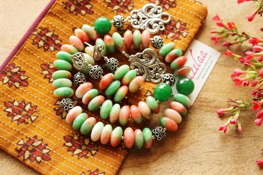 Peach green designer spring gemstone silver necklace set