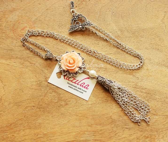 Peach rose Tassel designer handmade silver chain necklace 