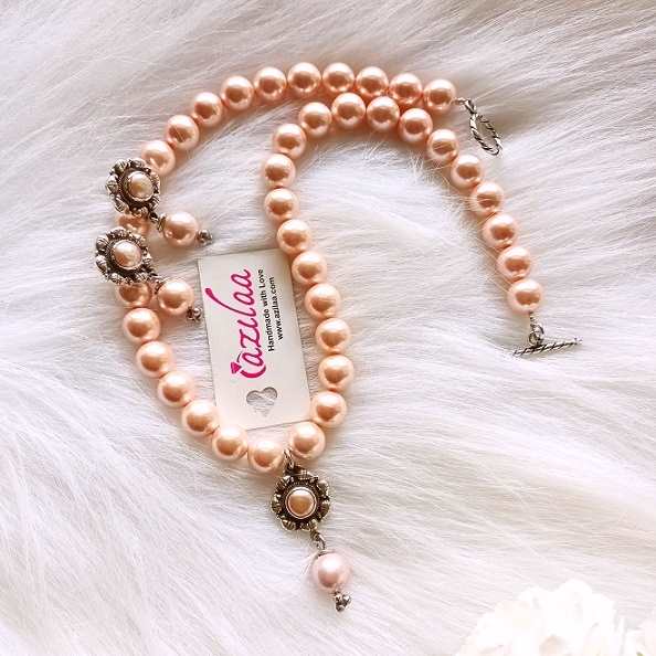 Peachy Pink Pearl designer antique sterling Silver earrings set