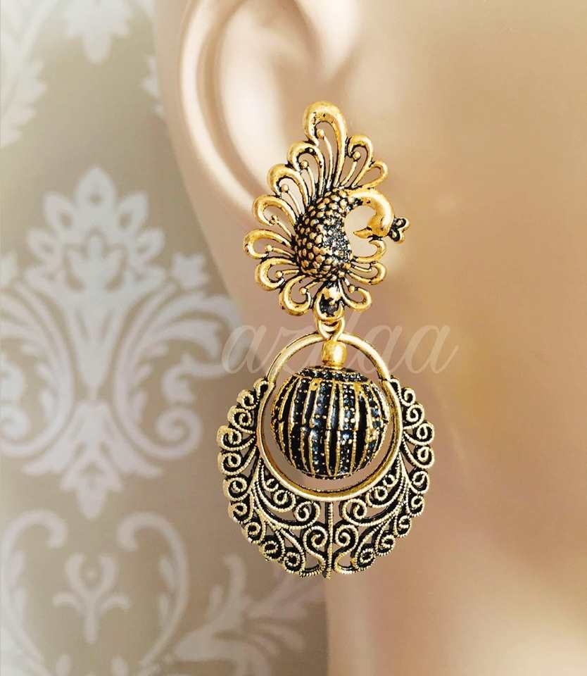 Ethnic Peacock Antique Gold tone gemstone handmade earrings