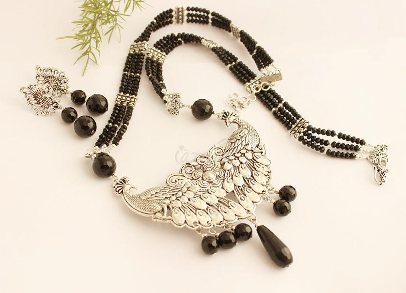 Peacock design necklace set, Designer black bead necklace