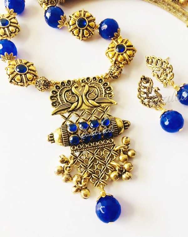Peacock Blue gemstone antique gold tone necklace earrings set