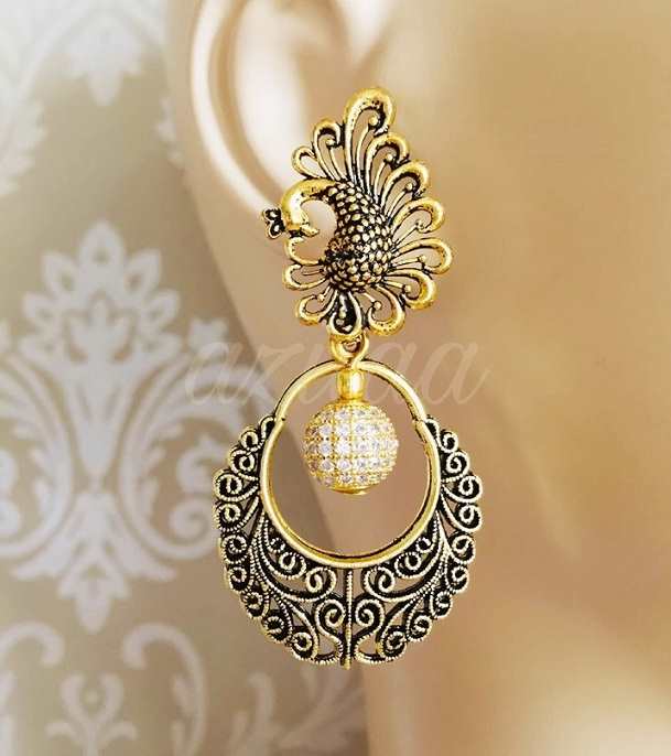 Peacock CZ Antique Gold tone gemstone handmade earrings