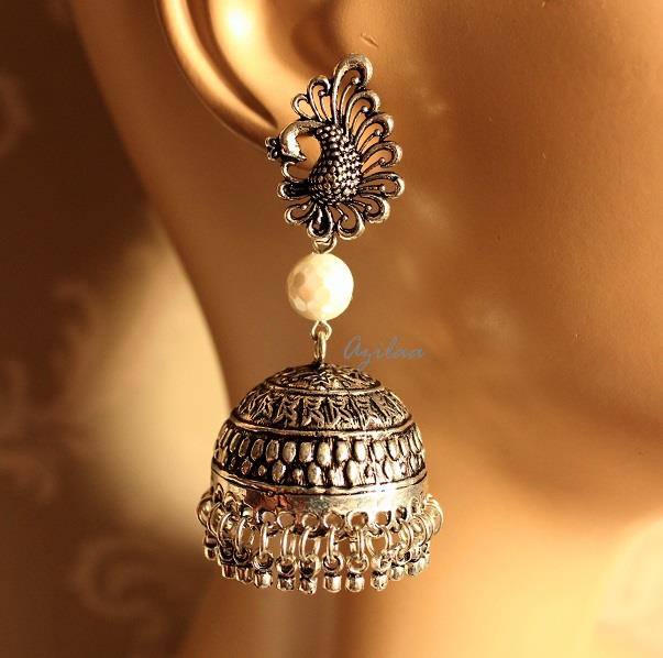 Ethnic pearl jhumka earrings, Silver tone peacock earrings