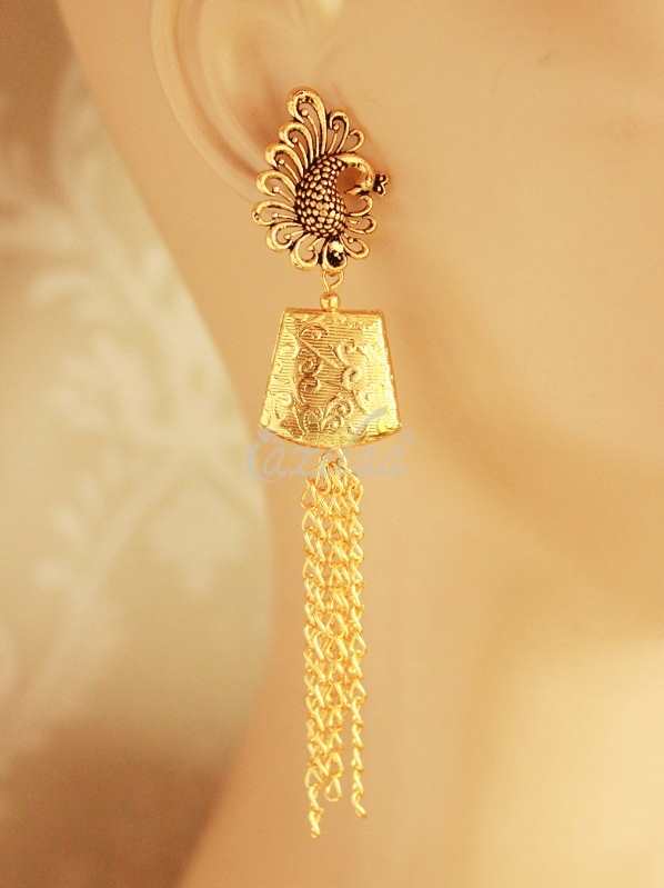 Peacock Gold plated handmade long chain earrings