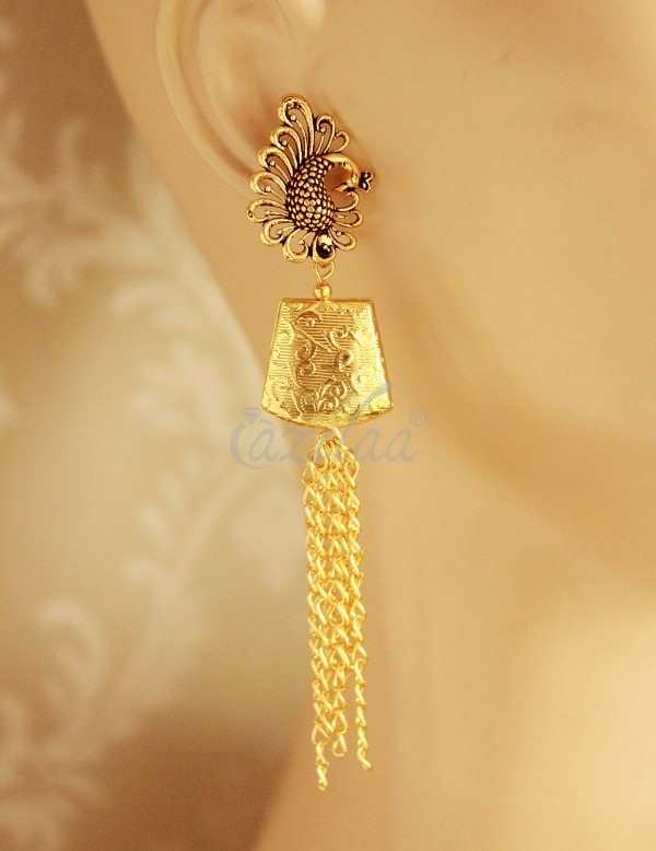 Peacock Gold plated handmade long chain earrings