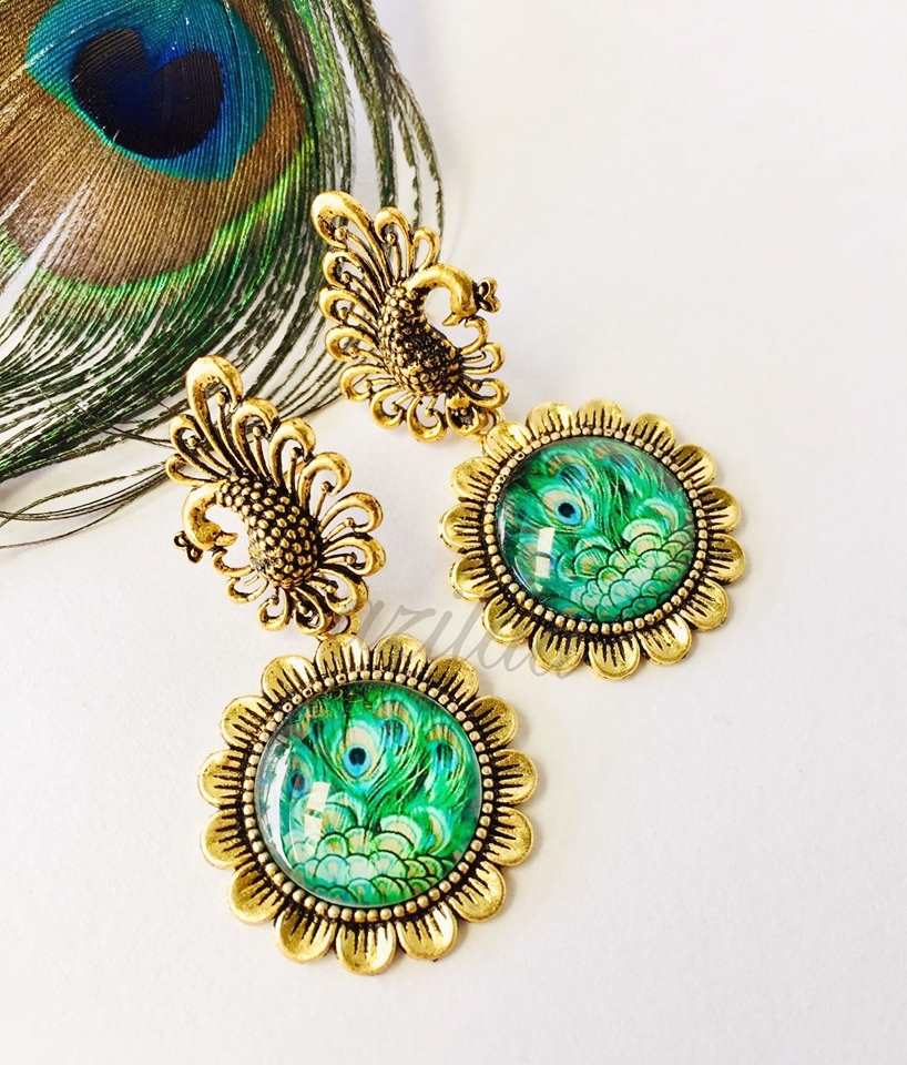 Peacock Green Antique Gold tone gemstone handmade earrings