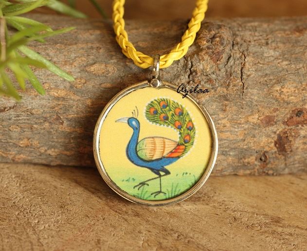 Peacock Hand painted handmade Pendant Cord necklace 