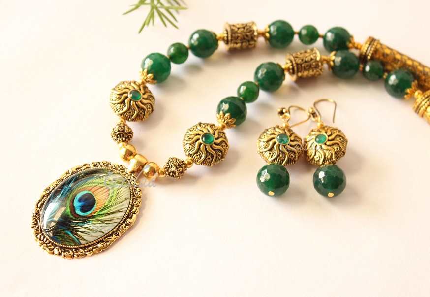 Peacock Krishna Green gemstone antique gold tone necklace