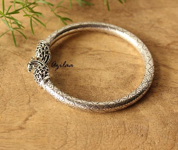 Peacock head bangle bracelet oxidized silver plated