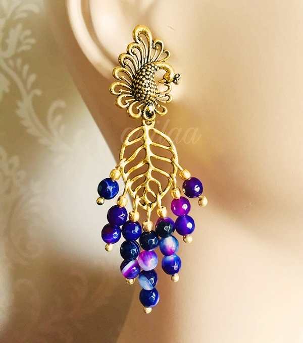 Peacock Purple Antique Gold tone gemstone handmade earrings