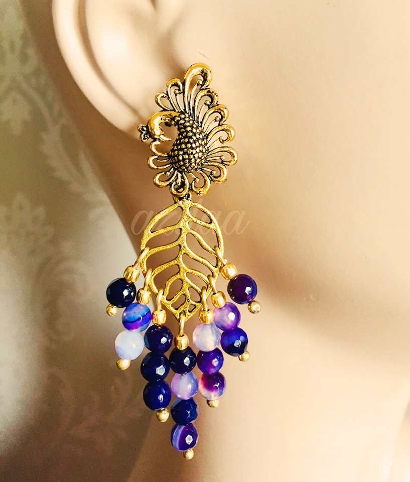Peacock Purple Antique Gold tone gemstone handmade earrings