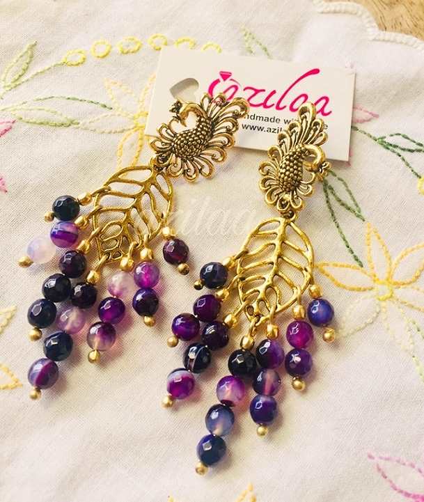 Peacock Purple Antique Gold tone gemstone handmade earrings