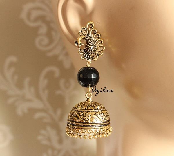 Peacock black antique gold tone jhumka earrings