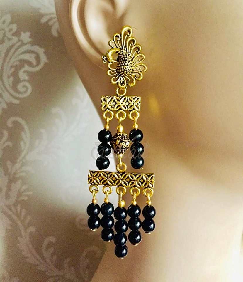 Peacock black onyx  Antique Gold tone gemstone handmade earrings