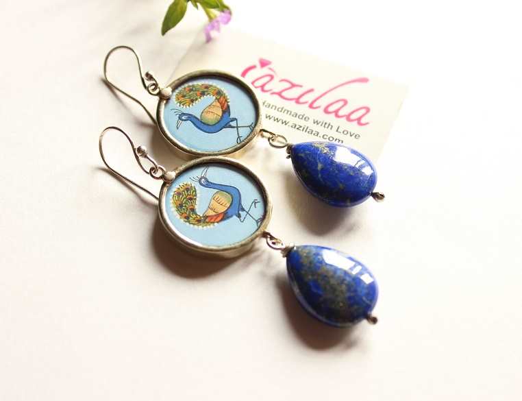 Peacock blue lapis gemstone dangler designer earrings