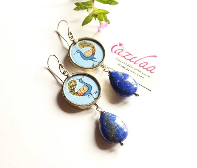 Peacock blue lapis gemstone dangler designer earrings