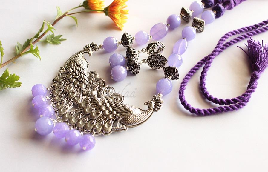 Peacock design necklace set, Designer lavender bead necklace