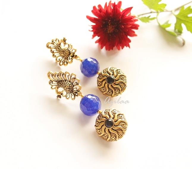 Peacock earrings Blue bead gemstone gold tone Earrings
