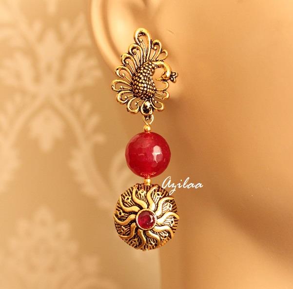 Peacock earrings maroon bead gemstone gold tone Earrings