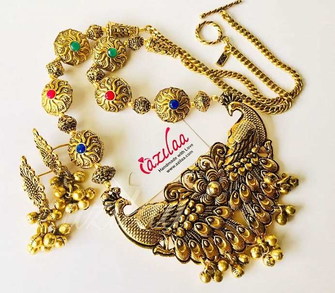 Peacock ethnic gemstone antique gold tone necklace set