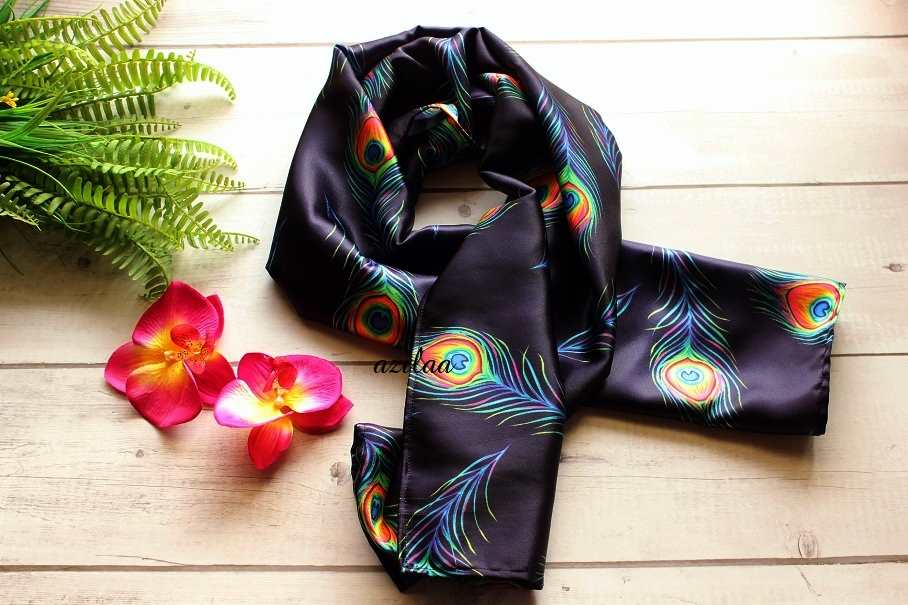 Peacock feather blue satin scarf