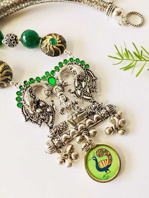 Peacock green Laxmi Gemstone beaded handmade necklace set