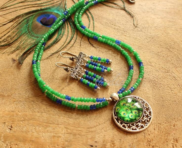Peacock green pendant, Beaded necklace earrings set