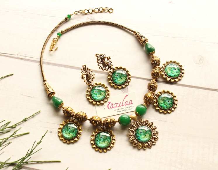 Peacock green antique golden designer necklace set