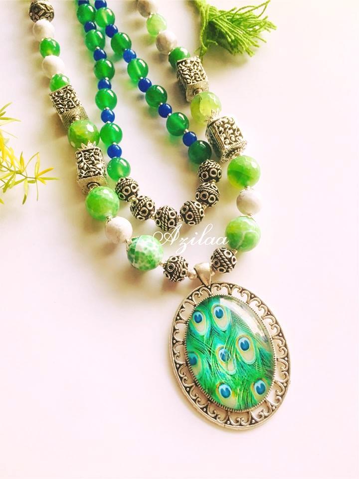 Peacock green pendant necklace,Green necklace earrings set