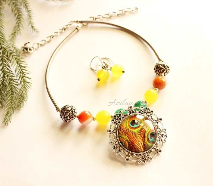 Peacock pendant multi stone indo western pendant necklace set