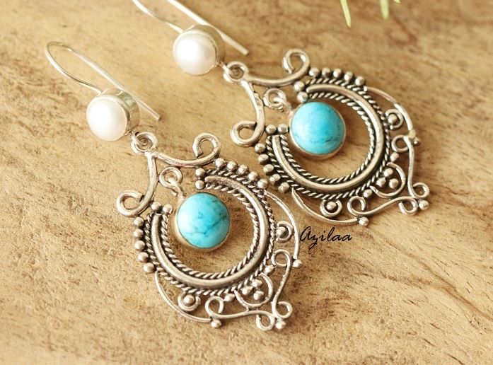 Pear Turquoise Sterling silver gemstone Chandelier Earrings